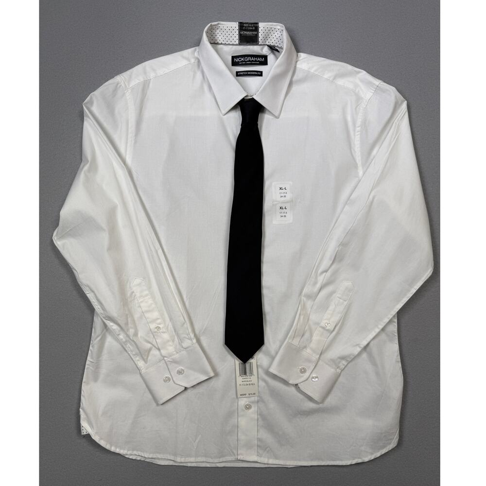 Nick Graham Men's Slim Fit Solid Dress Shirt Tie Set White 17-17.5 34-35 $75